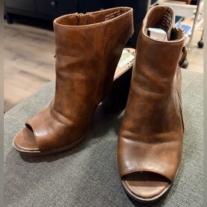 Brown Peep-Toe Block Heel Ankle Booties